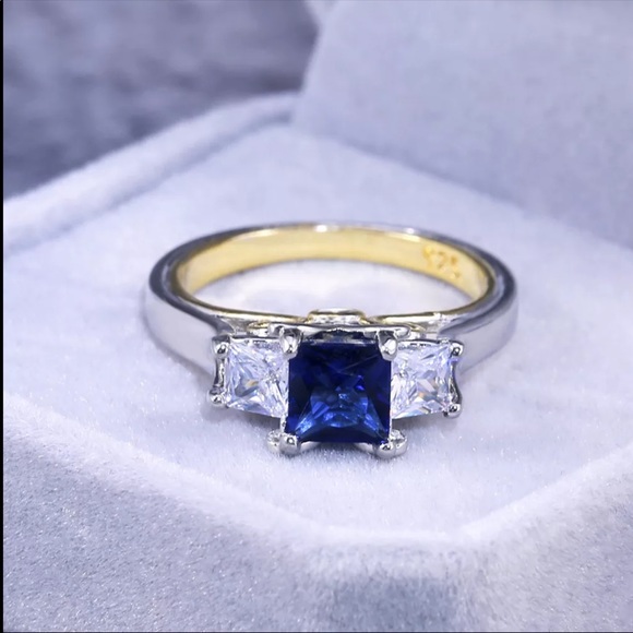 New Two Tone 925 Silver Beautiful Sapphire Ring - Picture 4 of 6